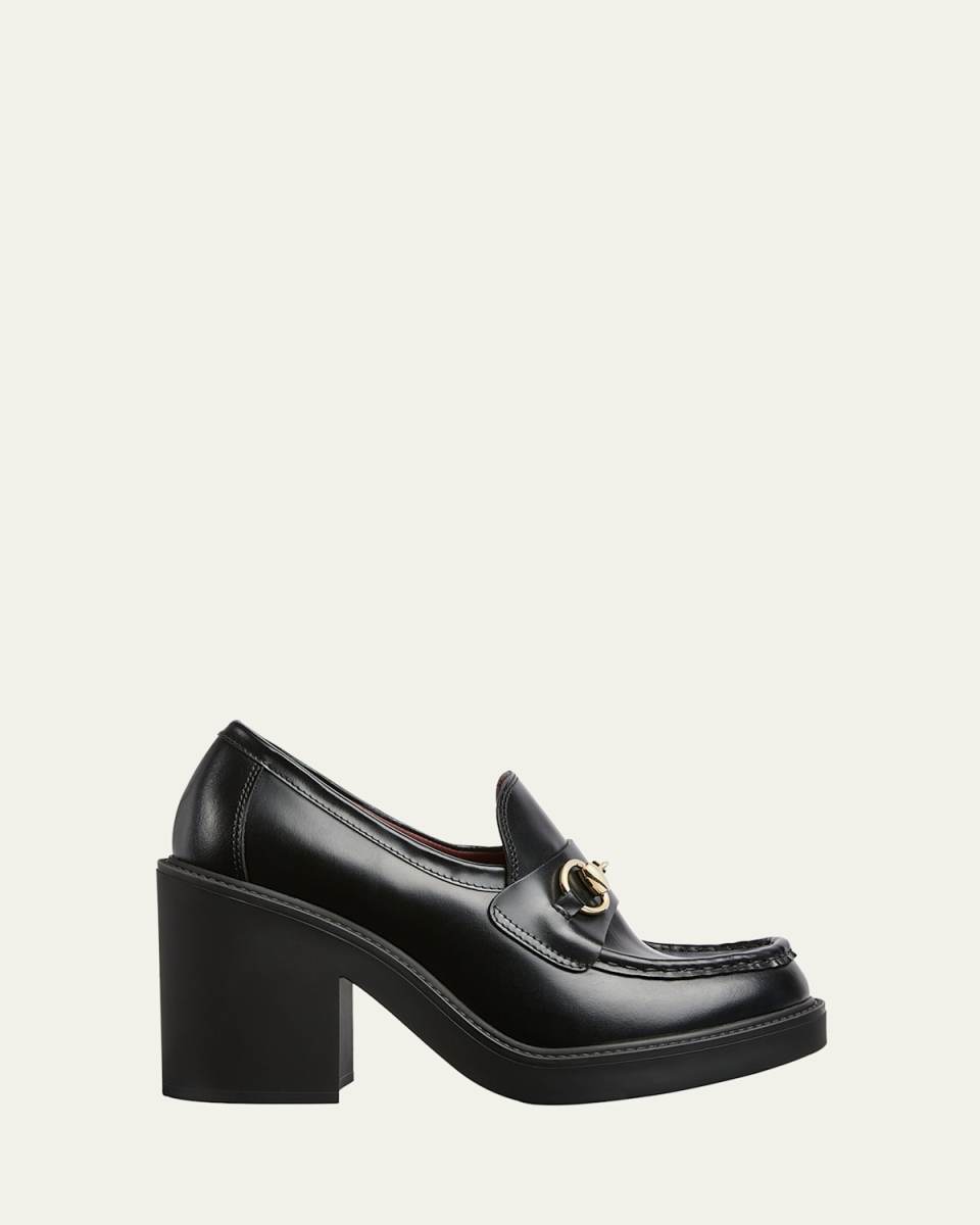 Leather Horsebit Heeled Loafers